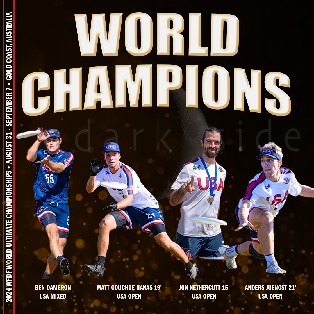 Four players winning gold at the World Ultimate Championship with Team USA